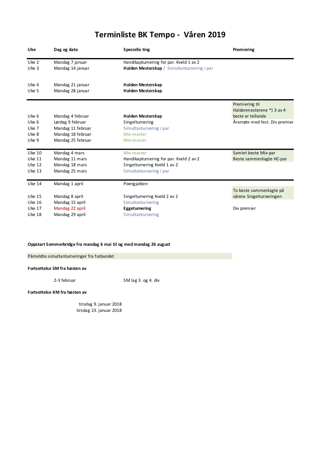 Terminliste våren 2019